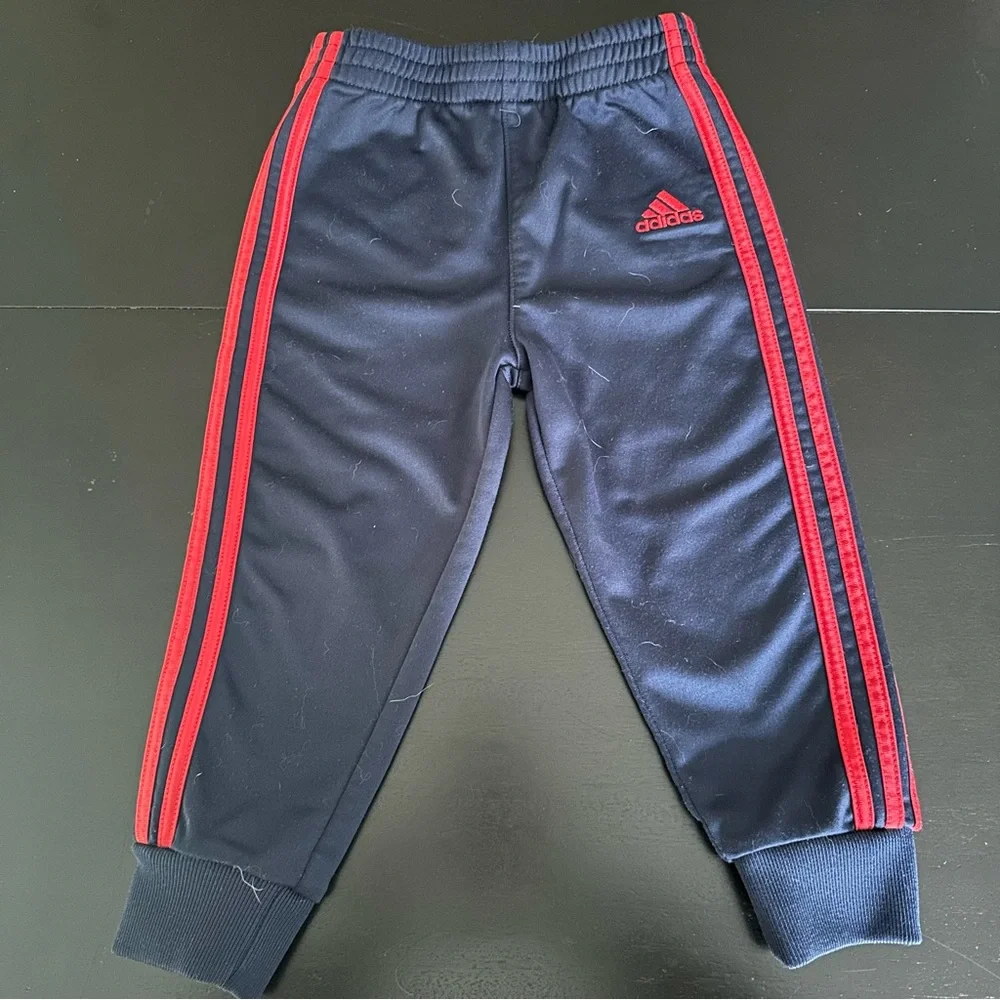 Adidas Toddler Navy Blue Joggers with Red Stripes, Size 24M